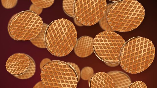 Falling Round Waffle Cookies Animation on Dark Red Mesh Background
