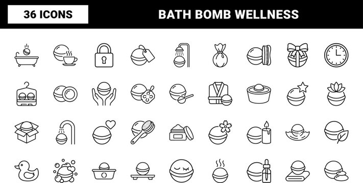 Bath Bomb Spa Web Icon Set in Linear Style. Collection of Body Care line icons, including wellness, therapy, skincare, hygiene, beauty, cosmetics.