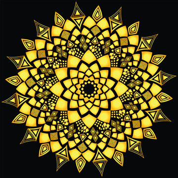 Mandala Template , Luxury Golden Mandala Vector Illustration with Intricate Geometric Patterns and Symmetrical Sacred Art Design on Black Background