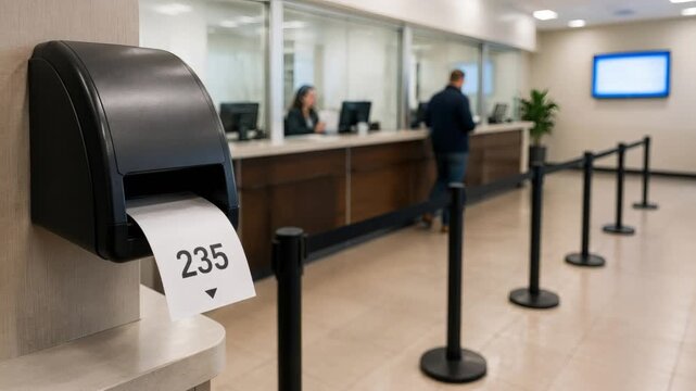 Waiting area with ticket dispenser and reception desk in office  