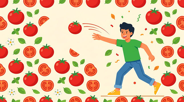 Happy young man throwing a ripe red tomato at La Tomatina festival, vector background illustration