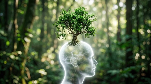 Human form emerging from forest with tree as head representing nature connection