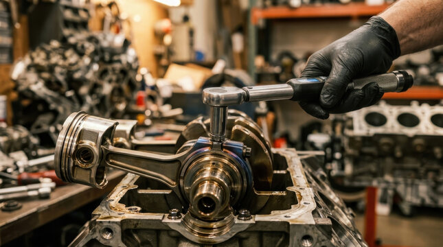 Mechanic using a torque wrench on an engine piston and crankshaft