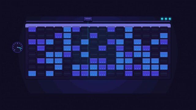 Abstract animated memory fragmenting as blocks allocate drawn as blue and cyan lines and shapes on a deep dark background. Seamless looping 4K motion graphics video with free space for text, ideal for