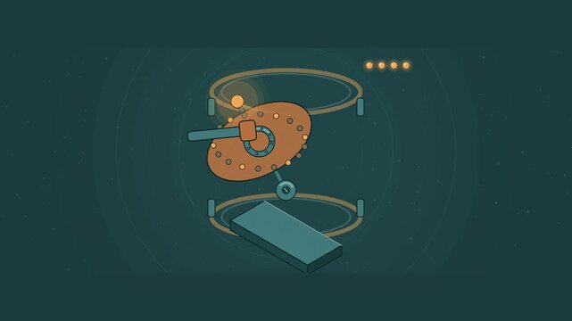 Abstract animated spin precessing in a magnetic field drawn as amber and orange lines and shapes on a deep dark background. Seamless looping 4K motion graphics video with free space for text, ideal fo