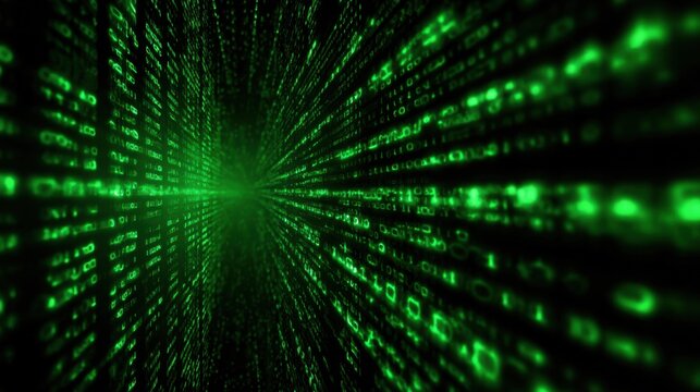 Digital green binary code tunnel streaming through dark cyberspace, matrix style data stream representing programming hacking and artificial intelligence technology concept