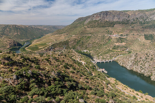 Saucelle Reservoir and Dam from the Pic&oacute;n del Moro viewpoint. Duero River, Salamanca. Arribes del Duero Natural Park.
