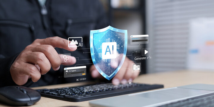 AI agents interface overlay. Concept of artificial intelligence, automation, machine learning, chatbot, and digital transformation.