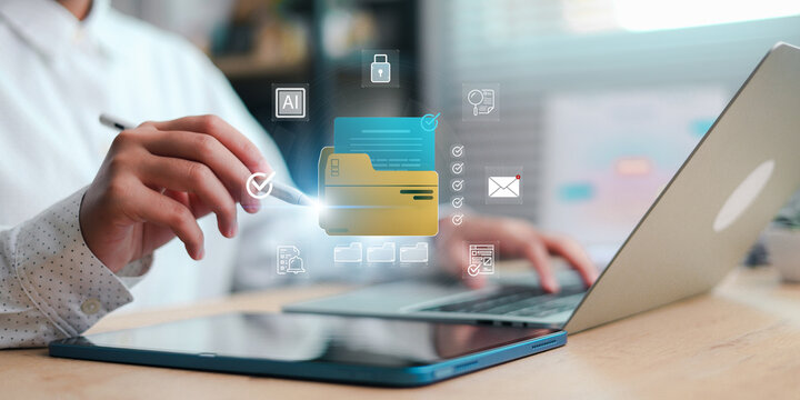 Digital document management icons, cloud storage, AI automation, and secure data workflow technology.