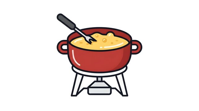 Vector illustration of a traditional Swiss cheese fondue in a red pot over a burner with a dipping fork. Flat cartoon style culinary design isolated on white background.