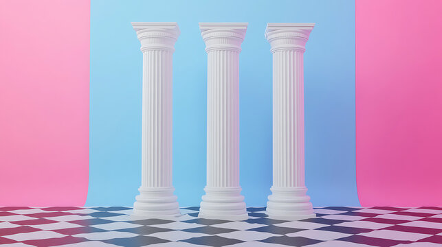 Three white classical columns on pastel blue background