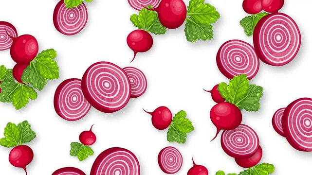 Falling Fresh Beetroot and Sliced Red Onion Animation on White Background