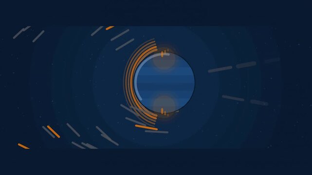 Abstract animated magnetosphere deflecting the solar wind drawn as blue and cyan lines and shapes on a deep dark background. Seamless looping 4K motion graphics video with free space for text, ideal f