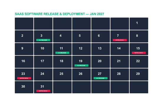 Saas software release and deployment calendar for january 2027 showing scheduled version releases and hotfix patches on a dark background