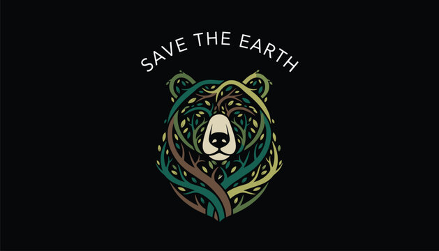 Ecological bear head illustration created from tangled tree branches and green leaves with the text save the earth.