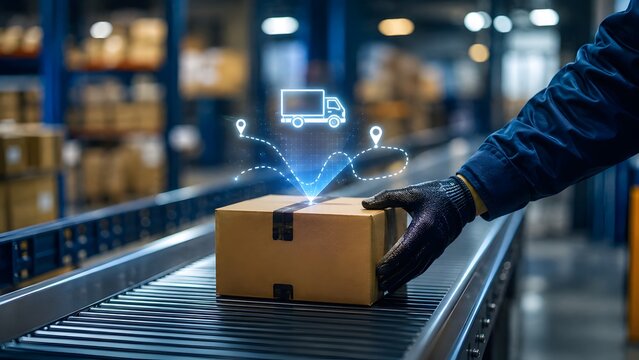Warehouse worker touches cardboard box with digital logistics overlay