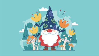 Fototapeta premium Cute garden gnome with a tall patterned hat standing among tall flowers and mushrooms in a whimsical forest setting.
