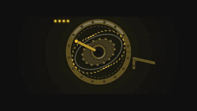 Abstract animated harmonic drive stepping down its speed drawn as yellow and gold lines and shapes on a deep dark background. Seamless looping 4K motion graphics video with free space for text, ideal 