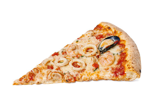 Slice of delicious pizza with seafood topping isolated on white background.