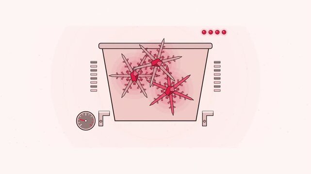 Abstract animated crystals nucleating out of a melt drawn as coral and magenta lines and shapes on a bright, clean light background. Seamless looping 4K motion graphics video with free space for text,
