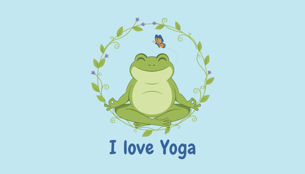 Peaceful green frog sitting in a lotus meditation pose inside a floral wreath with the words I love Yoga below.