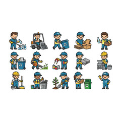 Fototapeta premium Waste Management Worker Character Set with Recycling, Cleaning and Garbage Collection Activities Vector Illustration