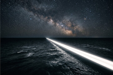 Fototapeta premium Illuminated pathway across ocean under starry night sky for astronomy education, night photography inspiration, and cosmic exploration themes