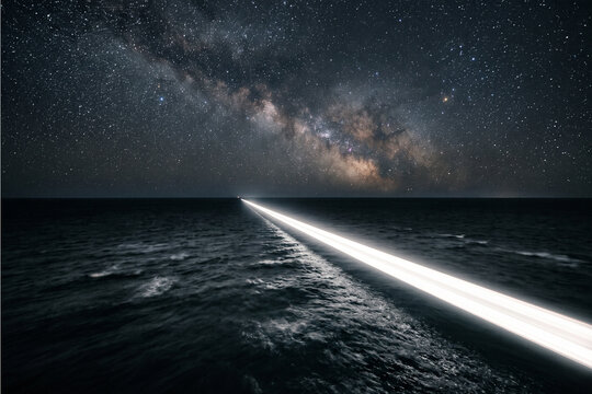 Illuminated pathway across ocean under starry night sky for astronomy education, night photography inspiration, and cosmic exploration themes