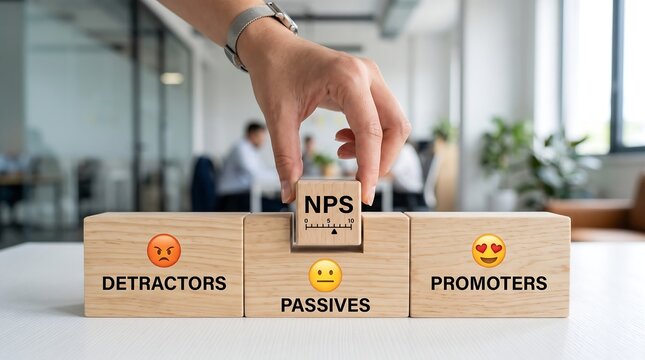 A hand places a block labeled NPS on top of a block labeled Passives, between blocks labeled Detractors and Promoters, illustrating customer satisfaction metrics.