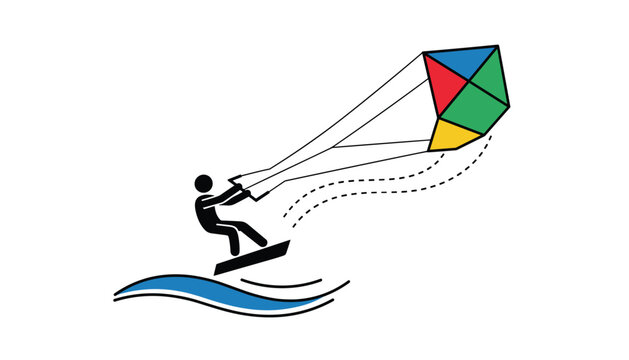 Minimalist icon design of a person kiteboarding on blue ocean waves with a vibrant multicolored kite and white background.