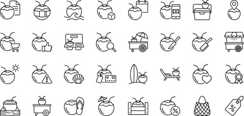 Fototapeta premium Coconut Drink Beach Cart Web Icon Set in Linear Style. Collection of tropical refreshment line icons, including beach kiosk, tropical beverage, summer refreshment, seaside cart, takeaway drink.