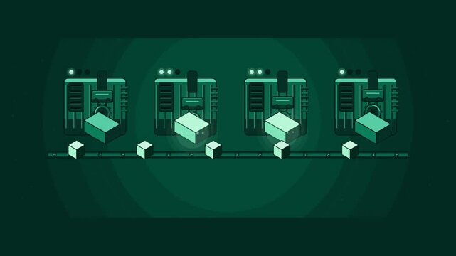 Abstract animated parts moving down a machine tool line drawn as cyan and teal lines and shapes on a deep dark background. Seamless looping 4K motion graphics video with free space for text, ideal for