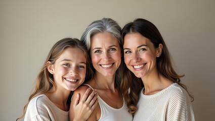 Fototapeta premium Three generations of smiling women including grandmother mother and young girl posing together with family portrait