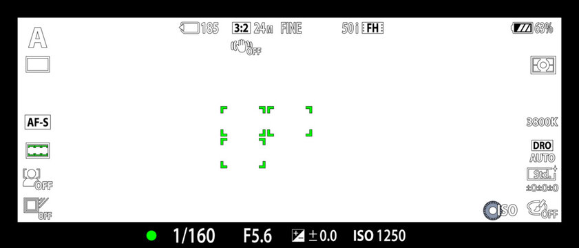 DSLR mirrorless camera rec overlay isolated on transparent bg. 21:9 recorder cam display. Video or photo recording screen. Viewfinder layout template. Vector png