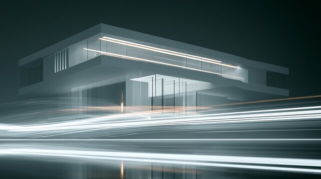 Modern architectural design featuring sleek white lines, illuminated interior spaces, and a minimalist style, representing contemporary luxury concept for residential properties