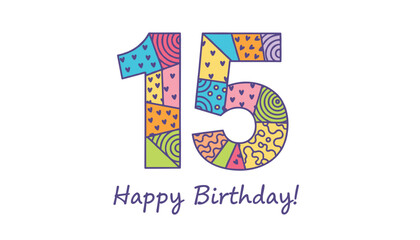 Fototapeta premium Colorful number fifteen with festive patterns and happy birthday text celebrates a special anniversary or age milestone.