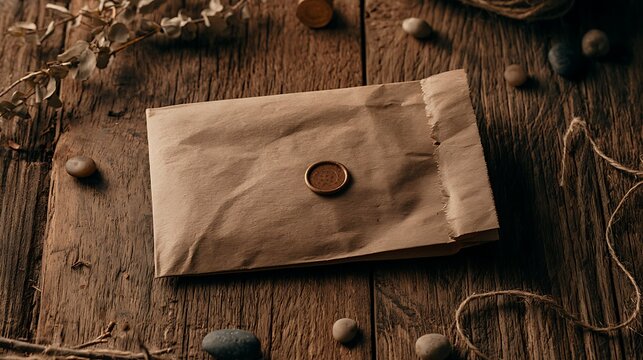 sealed letter on wooden table with stones and twine