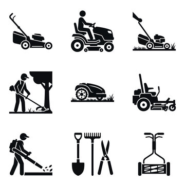 Collection of Lawn Mower and Gardening Tools Icons.