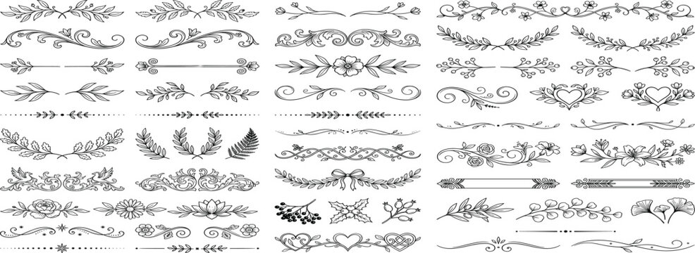 Hand-drawn line doodle style floral ornament line border set. Floral divider elements with flower and vine leaf ornaments and vintage flourish text border frame decoration. Vector.eps