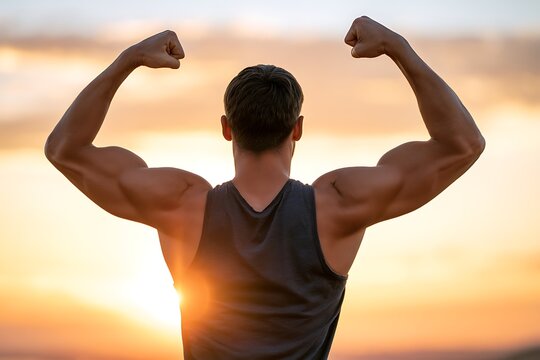 Athletic Man Flexing Muscles and Showing Biceps Back View at Sunset. Determined Male Bodybuilder Training Outdoor During Sunrise.
