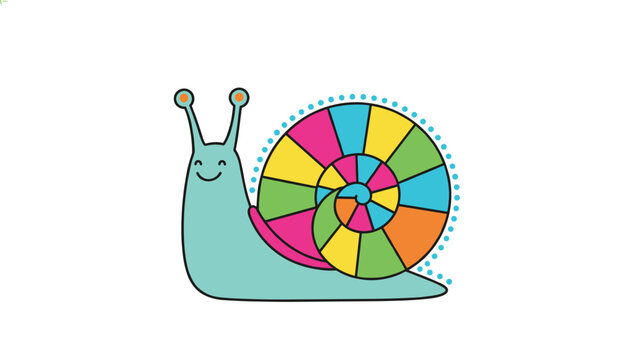 Friendly cartoon snail with a bright and colorful spiral shell made of rainbow segments on a clean white background.