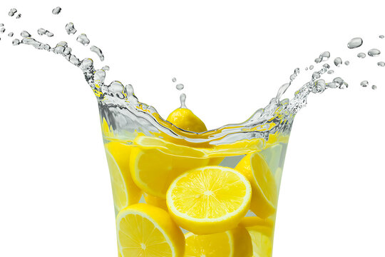 Bright yellow lemon slices falling into clear water creating a beautiful and refreshing liquid splash