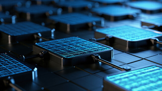Parallel processing microchip architecture featuring glowing blue circuit panels for advanced computing and digital data transfer