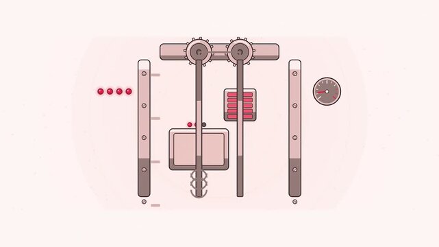 Abstract animated lift and counterweight balancing on the ropes drawn as coral and magenta lines and shapes on a bright, clean light background. Seamless looping 4K motion graphics video with free spa