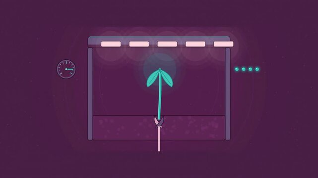Abstract animated seeds germinating in a controlled chamber drawn as violet and blue lines and shapes on a deep dark background. Seamless looping 4K motion graphics video with free space for text, ide