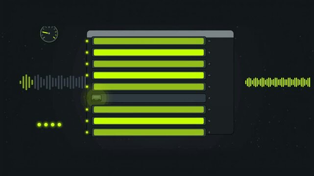 Abstract animated filter bank rejecting noise from a signal drawn as green and teal lines and shapes on a deep dark background. Seamless looping 4K motion graphics video with free space for text, idea