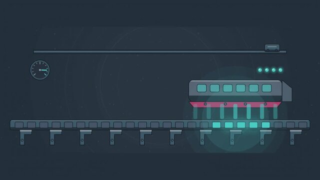 Abstract animated maglev train lifting off its track drawn as cyan and teal lines and shapes on a deep dark background. Seamless looping 4K motion graphics video with free space for text, ideal for in