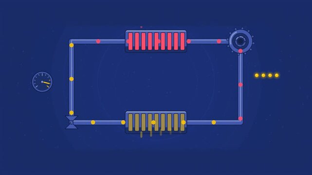 Abstract animated heat moving around a heat pump loop drawn as blue and cyan lines and shapes on a deep dark background. Seamless looping 4K motion graphics video with free space for text, ideal for s