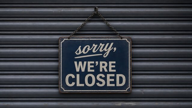 Sorry we are closed sign hanging against dark grey metal shop shutter indicating business closure and service end