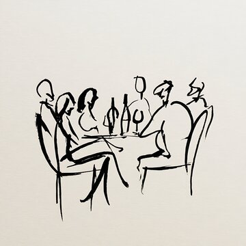Minimalist Ink Sketch of Friends Having Dinner and Drinking Wine at Restaurant Table